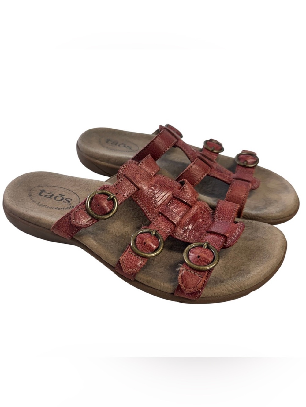Taos Good Times  Footwear Red Leather Triple-Buckle Slide Sandals Sz.8